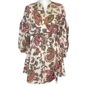 SundayUp Women's Small Paisley Boho Mini Dress Zara‎ Anthroplogie Tassel Waist